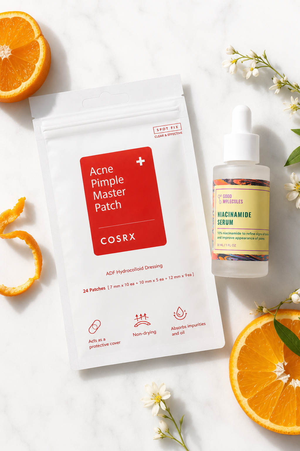 Korean pimple patches and niacinamide serum